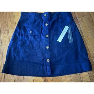 NWT Nicole Miller M Linen Short Button Skirt Modern Stretch Waist Navy Blue